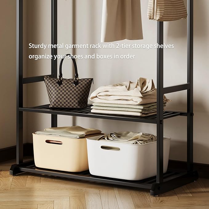 Sturdy heavy duty clothes rack,Black clothing rack with bottom shelves and 6 side hooks,Metal garment rack for hanging clothes,Wardrobe rack for Bedroom