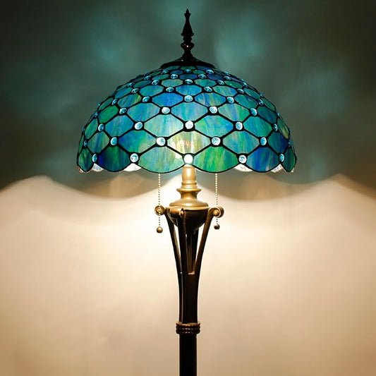 Tiffany Floor Lamp Sea Blue Stained Glass Pearl Standing Reading Light 16X16X70 Inches Antique Pole Corner Lamp Decor Bedroom Office Living Room