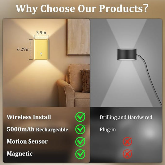 4 Pack Battery Operated Wall Lights - 5000mAh Rechargeable Motion Sensor Wall Sconce with Remote, 3 Colors Wireless Wall Lamp Magnetic Motion Sensor Night Light Indoor for Hallway Stairway, Gold