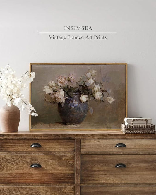 InSimSea Framed Canvas Wall Art Vintage Decor, Room Decor Large Artwork for Roses Floral Paintings Framed Wall Art Prints for Office Kitchen Bathroom Decorations, 16"x24"