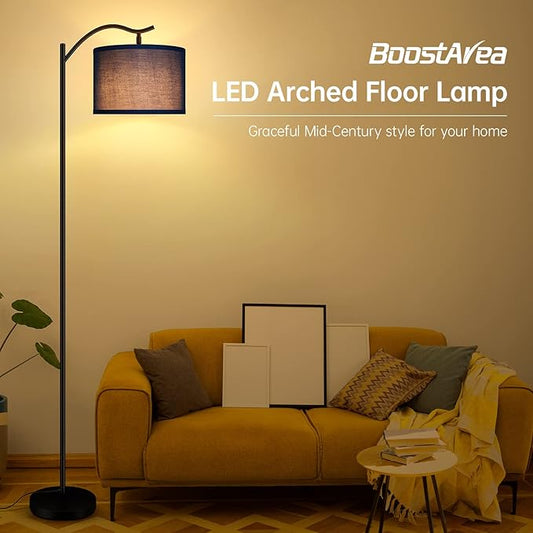 Montage Mid Century Arched Floor Lamp - Tall Modern Standing Lamp with Blue Linen Shade, E26 Socket, Footswitch for Living Room, Bedrooms, Office, Corner