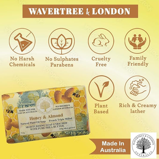 Wavertree & London Honey Almond Scented Natural Soap (8 Bars), 7oz Moisturizing French Triple Milled Soap Bars enriched with shea butter - Pure Plant Oil Bath & Body Bars for All Skin Types