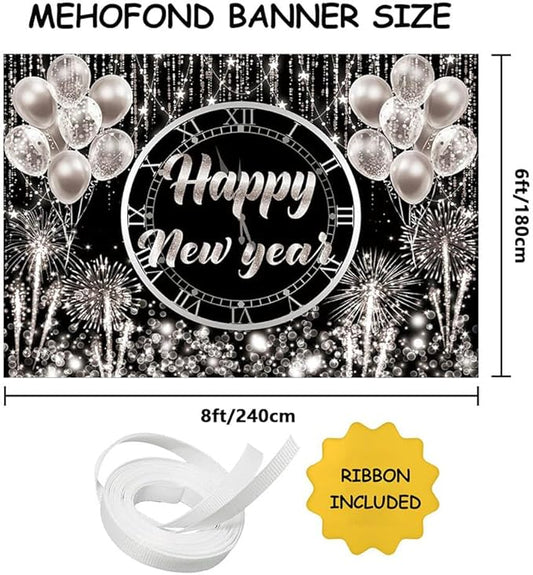 MEHOFOND Happy New Year Backdrop Hello 2024 NYE Cheers Party Decorations Sliver Black Photography Background Kiss Me at Midnight New Year's Eve Festival Party Supplies Photobooth Banner 8x6ft