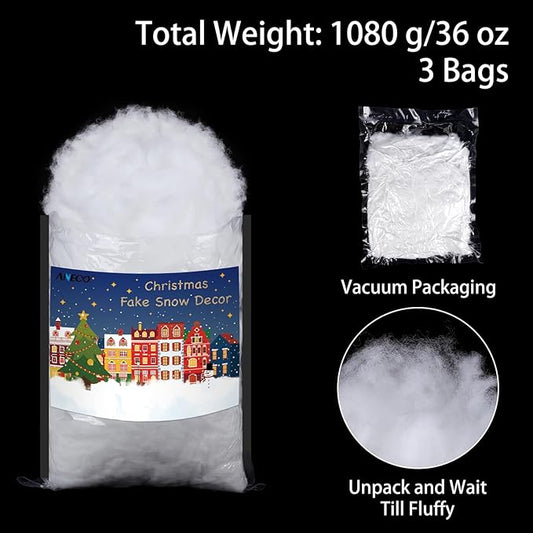 ANVAVO 36 Ounces Christmas Fake Snow Decor Indoor Outdoor Soft Fluffy Cotton Snow Artificial Snow for Christmas Village Crafts Christmas Tree, Nativity and Winter Display Decorations, 3 Bags