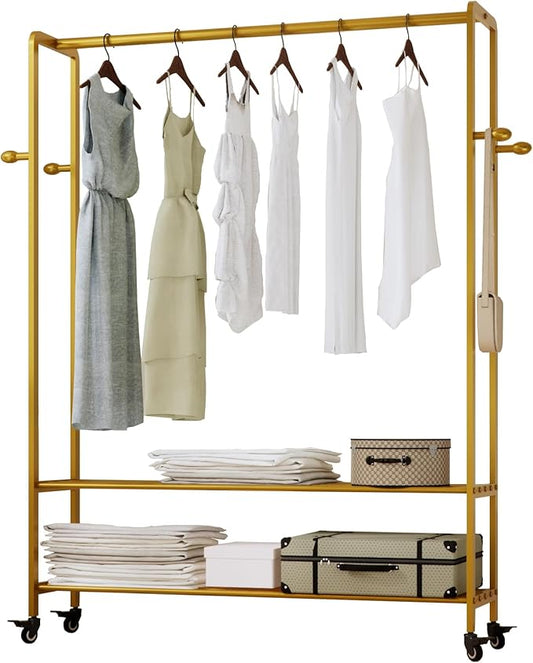 Heavy Duty Clothes Rack, 47.2" Wide Metal Garment Rack,Standing Rolling Clothing Rack for Hanging Clothes with Sturdy Wheels & Shelves,Wardrobe Rack for Coats, Shirts, Dress