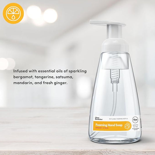 Clean Revolution Foaming Hand Soap, Gentle, Moisturizing, Ready To Use Formula, Real Essential Oils, Gluten Free, Dreamy Citrus, 15 Fl Oz