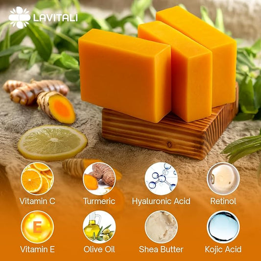 LaVitali, Premium 6 Bars Kojic Acid Soat with Lemon Turmeric, Natural soap, Handmade, Sugar/Caffeine/Gluten Free, 100% Natural & Pure, Great For All Skin Types Body Care Body Wash