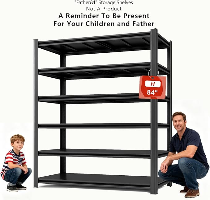 Extra Big/Large 55.12"Wide Father&I Industrial 6-Shelf-Rack Tall Heavy-Dudy Metal/Steel Adjustable Garage Bin Storage Shelving Stand Shelves Units/System for Shed, 84" H*55.12W * 24" D, Black