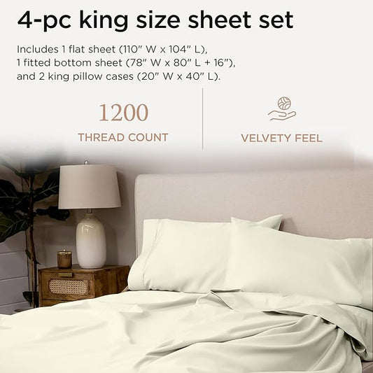 Threadmill Premium 1200 Thread Count Supima Cotton Sheets for King Size Bed, 4 Pc Deep Pocket King Sheets Set, Ivory, 5-Star Hotel Quality