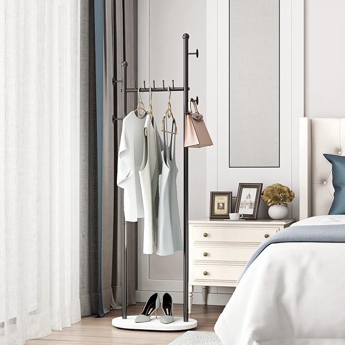 Black Clothing Rack With Shelves, Modern Coat Rack Freestanding with Marble Base, Hat Tree Coat Rack Standing Clothes Racks for Boutique,Bedroom