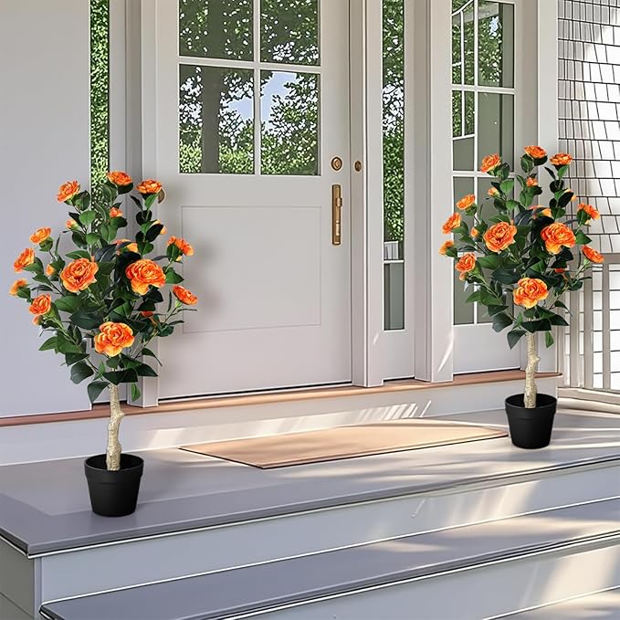 3FT Artificial Camellia Tree, 2 Pack Fake Camellia Tree Artificial Tree, Faux Floral Plants in Cement Pot, Greenery Potted Plant for Indoor Outdoor Home Office Porch Decor (Orange)