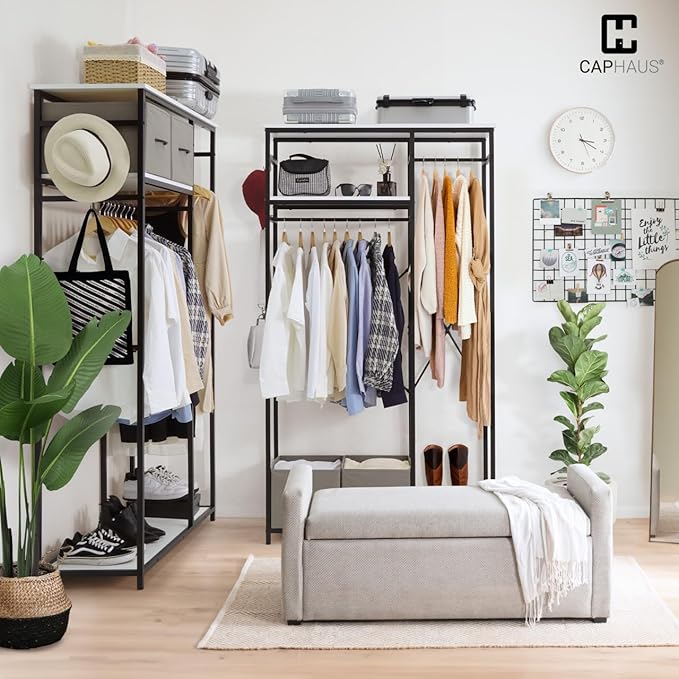 CAPHAUS 550 lbs Capacity Heavy Duty Clothing Rack, 40" W Metal Garment Rack with Drawers Hanging Rods and Wood Shelves Freestanding Closet Organizer, White Board