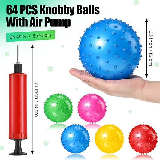 Jerify 64 Pieces 6.3 Inch Knobby Balls for Kids Sensory Balls with Air Pump Small Inflatable Bouncy Soft Spiky Toddler Bounce Party Favors Summer Beach Pool Baby Massage Stress Play Set, 5 Colors