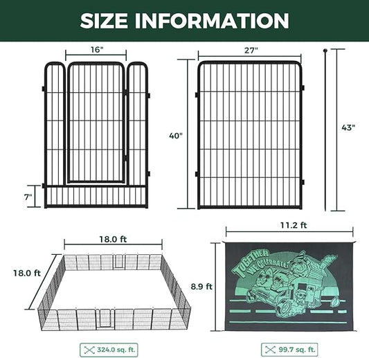 FXW Instant Unleashed Dog Playpen, Portable Pet Fence for Outdoor, RV Trips, and Camping, 40 inch, 32 Panels for Medium and Large Dogs with 9' x 11' RV Mat│Patented