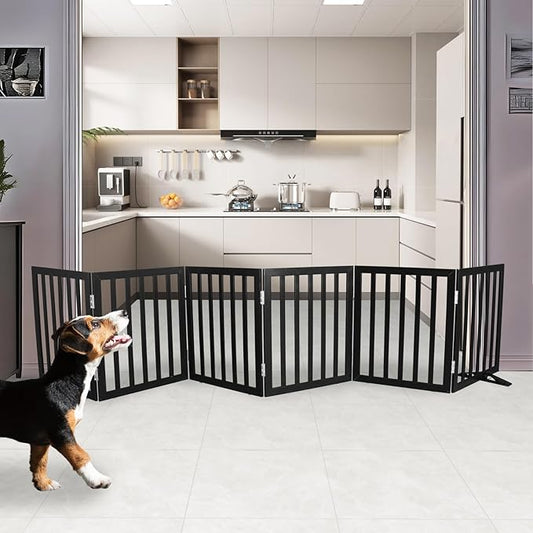 Dog Gate Indoor, Freestanding Dog Fence for The House, Doorways, Hallways,or Stairs,Pet Gate Foldable Wooden,Expandable 24" Height 6 Panels,Black
