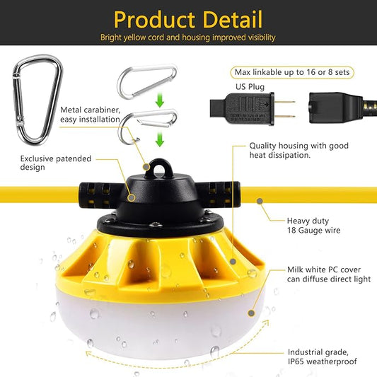 50FT Construction String Lights LED Industrial Grade Best for Construction Sites, Renovation, Walkways,Patio,Mine cave, Outdoor, and Other Outdoor Lighting Solutions Use,Free for Climbing Hook