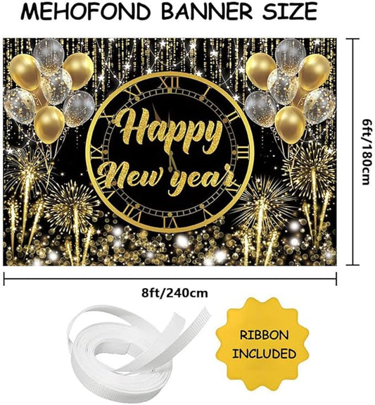 MEHOFOND Happy New Year Backdrop Hello 2026NYE Cheers Party Decorations Gold Black Photography Background Kiss Me at Midnight New Year's Eve Festival Party Supplies Photobooth Banner 8x6ft