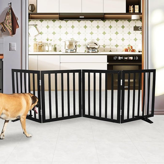 Dog Gate Indoor, Freestanding Dog Fence for The House, Doorways, Hallways,or Stairs,Pet Gate Foldable Wooden,Expandable 24" Height 4 Panels,Black