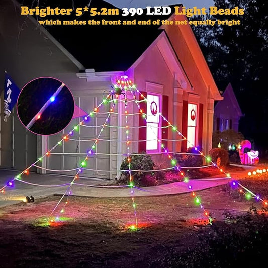 Halloween Spider Web Lights Decor 390 LED with 26m Light Chain, 5m Giant Net Lights with Remote Control (8 Light Modes & Timer) Net Lights Decoration for Outdoor Garden Indoor- Colorful