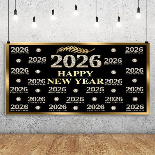Leyiyi 20x10ft 2026 Happy New Year Backdrop Sparkling Diamond Black and Gold Photography Background Step and Repeat Diamond 2026 Photo Backdrop New Year Eve Holiday Party Photo Props