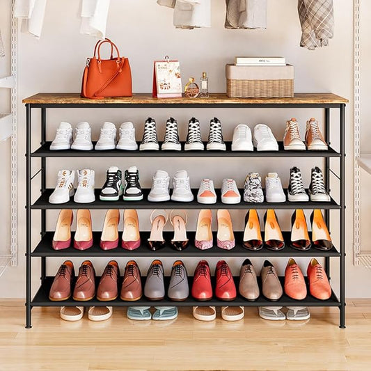 Shoe Rack Organizer 5 Tier Long Metal Organizer Shelf with Industrial MDF Board and Layer Fabric for Entryway Closet Bedroom Living Room Garage,Black & Rustic Brown