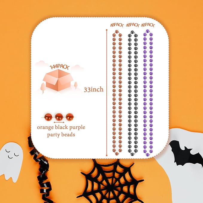 YAXINRUI 144 PCS Halloween Beads Necklaces, Purple Black Orange Party Beads 33'' Halloween Necklaces Party Stuff for Halloween Trick or Treat Decorations