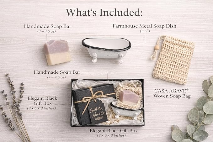 Lavender Bath Gift Set – Handmade Soap Bars with Soap Dish & Exfoliating Bag, Farmhouse Bathroom Decor