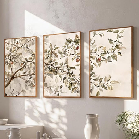 HLNIUC Apple Tree Vintage Framed Wall Art Set, Botanical Branch Canvas Wall Decor, Rustic Farmhouse Leaves Wall Painting, Retro Nature Plant Art Print for Living Room, Bedroom, Office - 16"x24"x3
