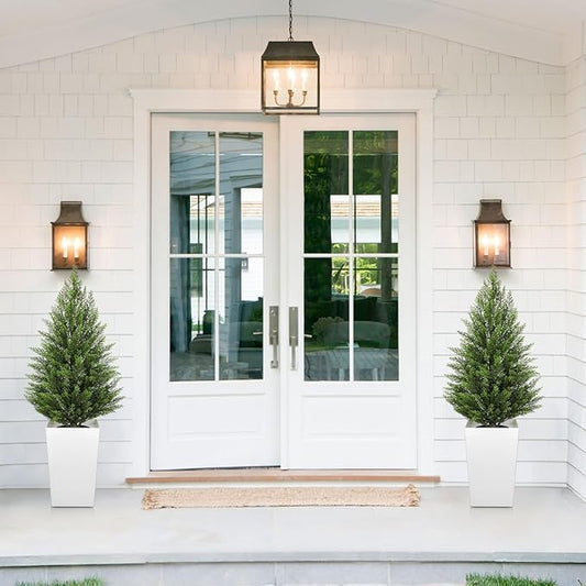 Briful Artificial Cedar Topiary Trees 4ft, Set of 2 Faux Potted Christmas Porch Trees Cypress Sbrubs, UV-Resistant Front Door Greenery in Tall White Planter for Indoor Outdoor Holiday Décor