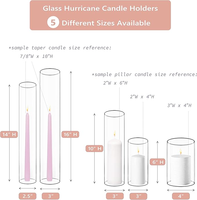 CYS EXCEL 6 PCS (H:10" D:3") Open Ended Glass Hurricane Candleholder Tube Shade Bottomless Candle Chimney Cover