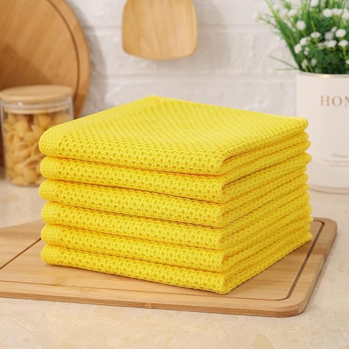 Kitinjoy 100% Cotton Kitchen Dish Cloths, 12 Pack Waffle Weave Ultra Soft Absorbent Dish Towels for Drying Dishes Quick Drying Kitchen Towels Dish Rags, 12 X 12 Inches, Yellow