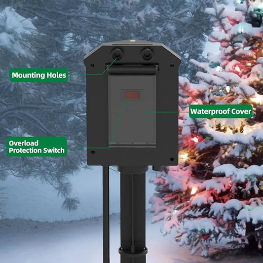 Outdoor Power Strip Weatherproof, 25 FT Extension Cord with Stake, 6 Grounded Outlets for Halloween/Christmas Decorations and Inflatables, 15A/1875W, ETL Listed