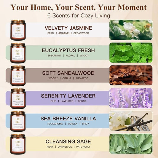 Scented Soy Candles Set for Women - 6 Pack 42oz 300Hour Candle for Home Scented, Lavender Vanilla Eucalyptus Sage Jasmine Sandalwood, Natural Soy Wax Aromatherapy Candles 