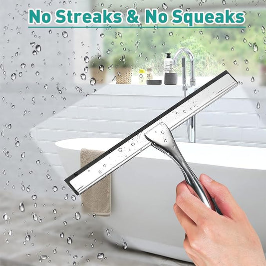 Shower Squeegee for Glass Doors,12-Inch Shower Glass Squeegee, Sliver Shower Squeegee for Shower Doors,Mirror,Windows, with Shower Door Hook and Adhesive Hook