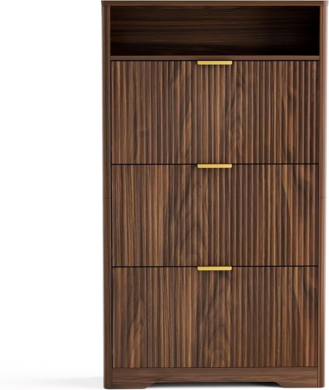 Rainbow Home Oregon Shoe Storage Cabinet, 31.6" W Narrow Fluted Design with 2 Flip Drawers, Walnut Freestanding Organizer for Entryway, Foyer, Hallway | Mid Century Modern (3 Flip Drawers)