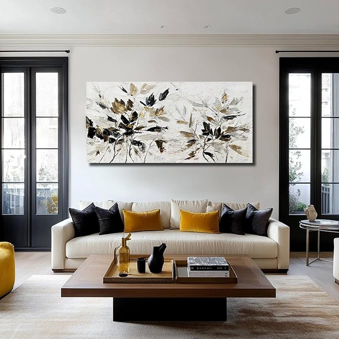 Modern Artwork Black and White Wall Art Abstract Wall Decor for Living Room Home Leaves Canvas Pictures Bedroom Gold Wall Art 24x48 Inch