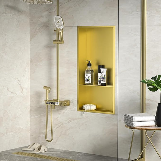 Stainless Steel Shower Niche 12" X 24" Gold with Double Shelves No Tile Needed Niche Shower for Bathroom Storage Recessed Shower Shelf Over Mount Installation
