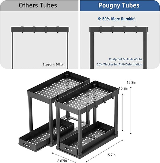 2PC Under Sink Organizer Rack 2 Tier Under Sliding Cabinet Basket Organizer Drawer with 4 Hooks, Multi-purpose Under Sink Storage for Bathroom Kitchen Desktop(Black)