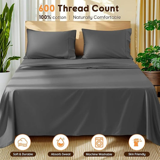 LBRO2M 100% Cotton Sheets Set King Size 600 Thread Count Sheet 4 Piece Sets Bed Sheet Deep Pocket Up to 16" Soft Comfortable All Season (King, Dark Gray)