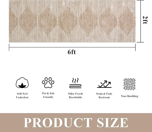 HelloTree Hallway Runner Rug,2x6 Moroccan Modern Stripe Carpet Washable Machine Bathroom Runner Bohemian Modern Soft Non Slip Indoor Rug for Entryway Hallway Laundry Room Bedroom-Pink&Khaki