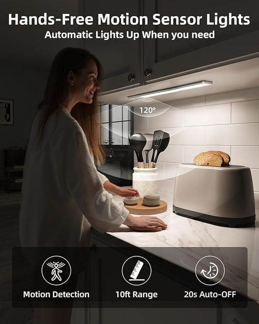 EZVALO 10inch Under Cabinet Lighting, 2500mAh Rechargeable Motion Sensor Lights Indoor with 3 Color Temps, 2 Pack Magnetic Closet Light, 80 LED Dimmable Under Counter Lights for Kitchen, Shelf, Stair