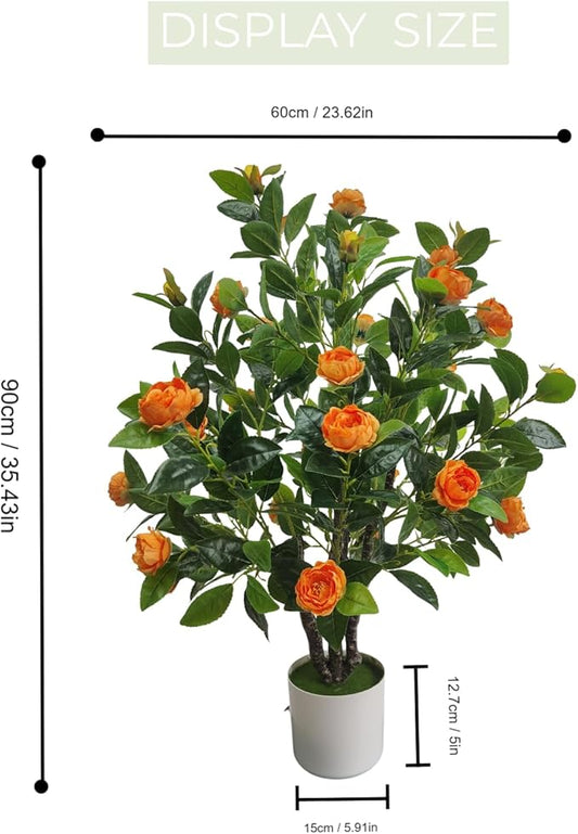 Artificial Camellia Tree 35in Faux Floral Plant with Red Flowers and Green Leaves - No Maintenance Indoor Outdoor Office Home Porch Decor Housewarming Gift(2 Pack - RED)