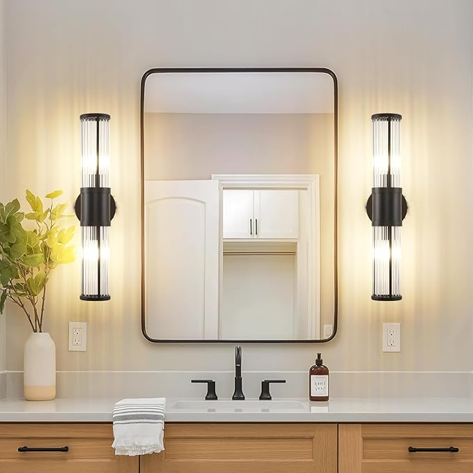 JOOSENLUX Black Vanity Light, Set of 2 Bathroom Sconces with E12 Base and Glass Rod Design – Modern Bathroom Vanity Light Fixture for Mirror, Powder Room, Bedroom, Hallway