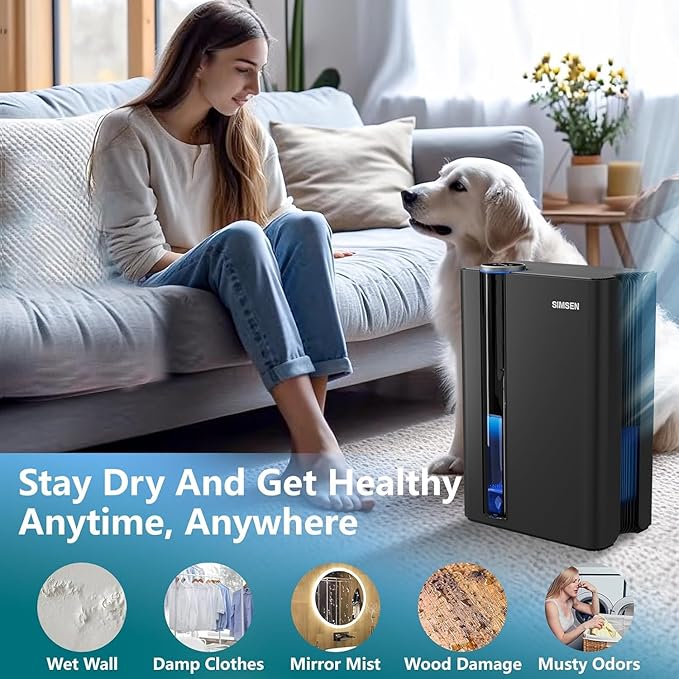 SIMSEN 95oz Dehumidifiers for Home, 800 sq ft Quiet Small Dehumidifier with Drain Hose, Dehumidifiers for Bedroom Bathroom Basements Closet RV (Black)