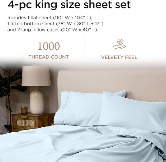 Threadmill Supima King Size Sheets, 1000 Thread Count, 4 Piece American Luxury Bed Sheets for King Mattress, 5 Star Hotel Quality Cotton Sheets with Elasticized Extra Deep Pocket, Light Blue