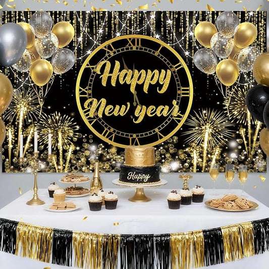 MEHOFOND Happy New Year Backdrop 2026, Black and Gold Fireworks New Years Eve Photography Background for NYE Decorations 2026 New Years Eve Party Supplies NYE Party Favor 6x3.6ft