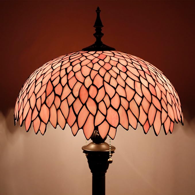 WERFACTORY Tiffany Floor Lamp Pink Wisteria Stained Glass Standing Reading Light 16X16X64 Inches Antique Style Pole Corner Lamp Decor Bedroom Living Room Home Office S523P Series