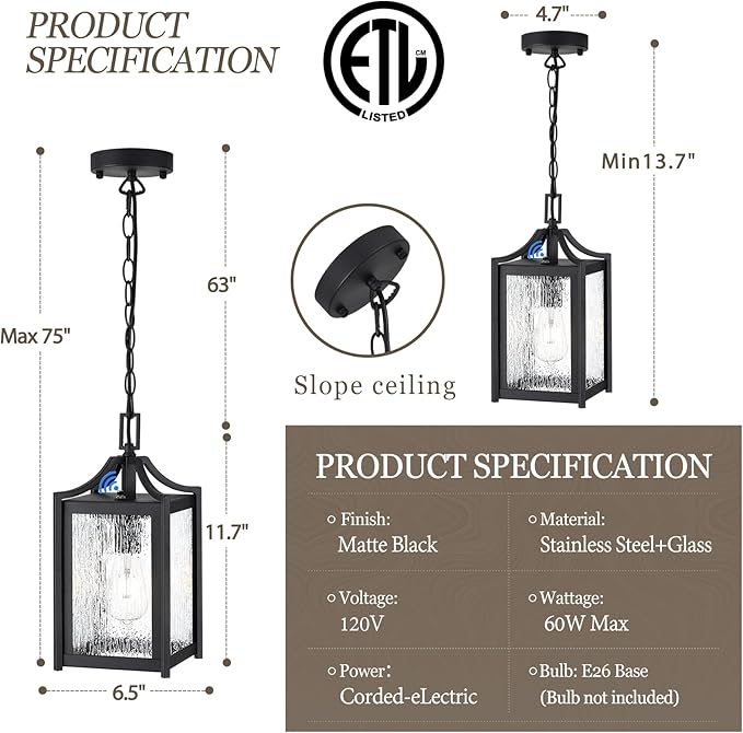 Outdoor Pendant Lights, Dusk to Dawn Modern Outdoor Porch Chandelier Lantern with Sensor, Black Exterior Hanging Porch Light with Raindrop Glass, Adjustable Long Chain, OS-KY1003