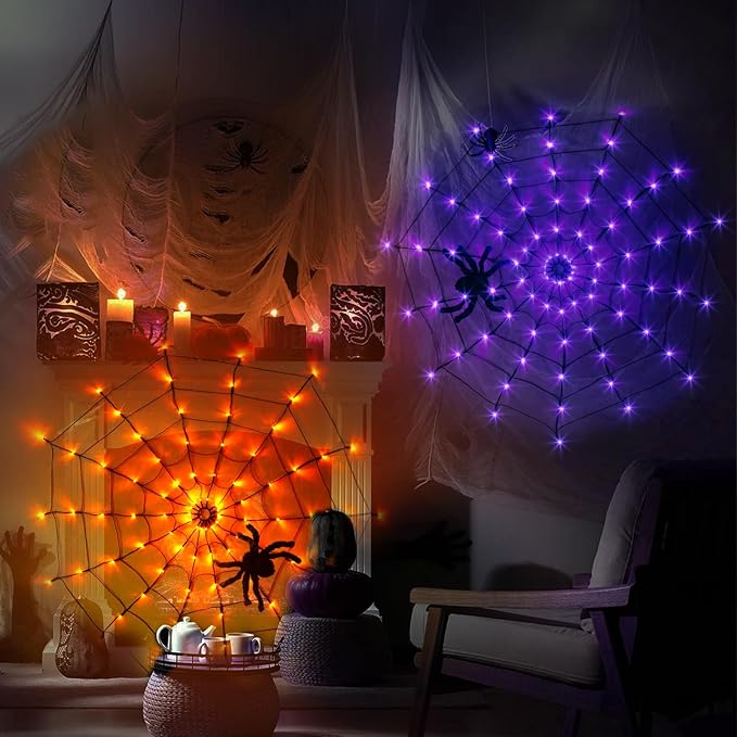 Vanthylit Halloween Decorations, Spider Web Lights for Home, 4FT 84LED Light Up Spiderweb with Black Spider, Halloween Lights for Haunted Window Room Indoor Outdoor Decorations (Orange & Purple)