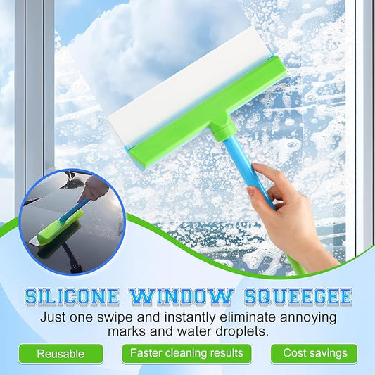 Alisanda Recyclable Silicone Window Squeegee Kit, Window Cleaning Kit, Multifunctional Window Squeegee, Glass Cleaning Tools with Silicone Squeegee & Microfiber Scrubber (Green)